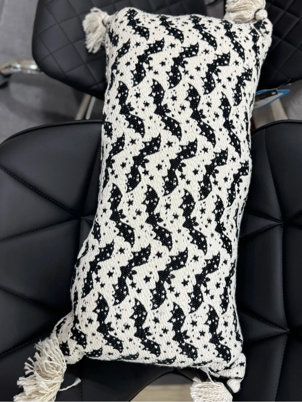 Handwoven Black and White Bat Pattern Decorative Pillow - Home Accents